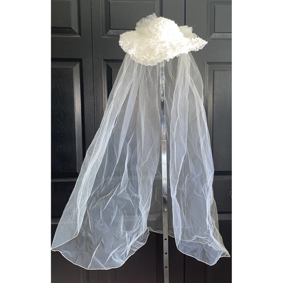 Vintage 80s Bridal Hat Veil Lace Pearl Wide Brim Wedding Hat Ivory main image 4